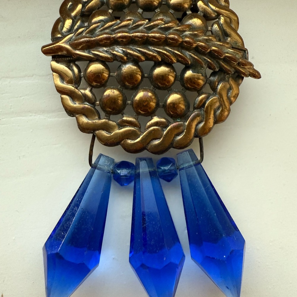 Vintage Brass and Blue Glass Brooch
